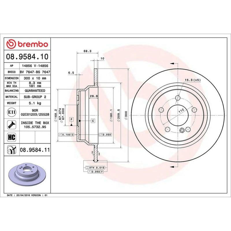 Brembo 2 x Solid Rear Brake Discs 08.9584.11