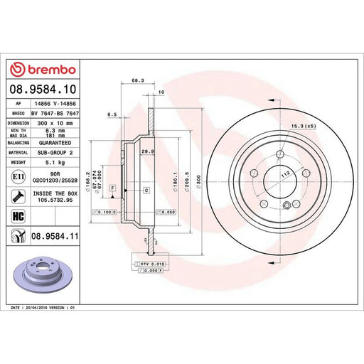 Brembo 2 x Solid Rear Brake Discs 08.9584.11