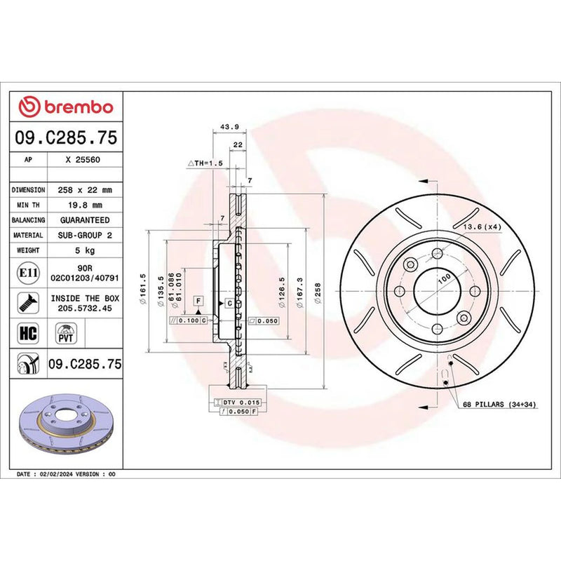 Brembo 2 x Slotted Front Brake Discs 09.C285.75