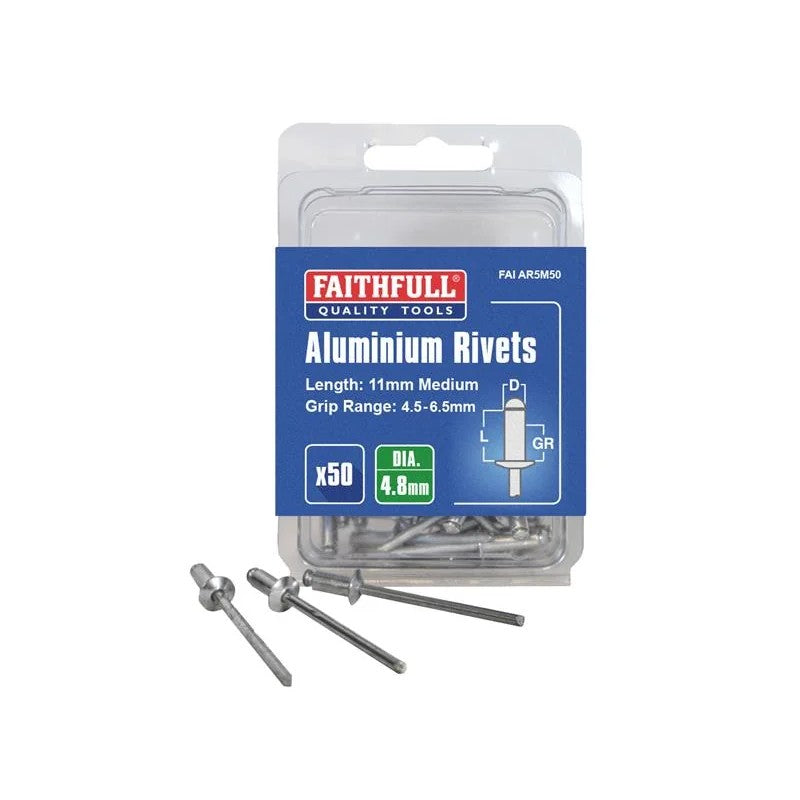 Faithfull Aluminium Rivets 4.8 x 11mm Medium Pre-Pack of 50 - FAIAR5M50