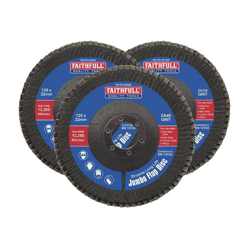 Faithfull Zirconia Abrasive Jumbo Flap Disc 125 x 22mm Mixed Grit (3 Pack)