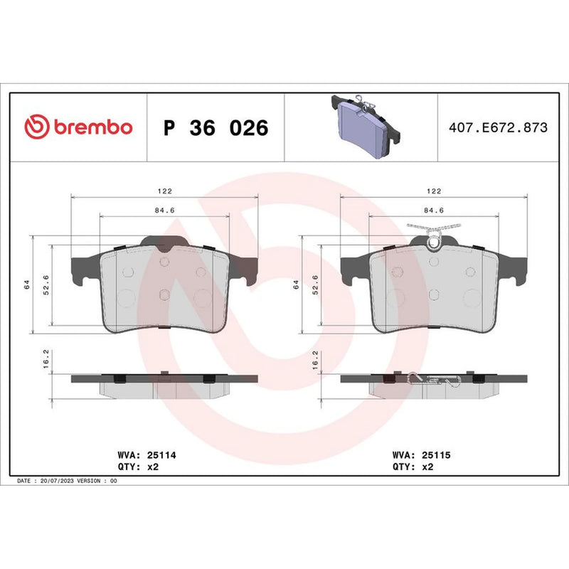 Brembo 4 x Rear Brake Pad Set P36026