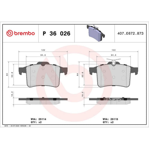 Brembo 4 x Rear Brake Pad Set P36026