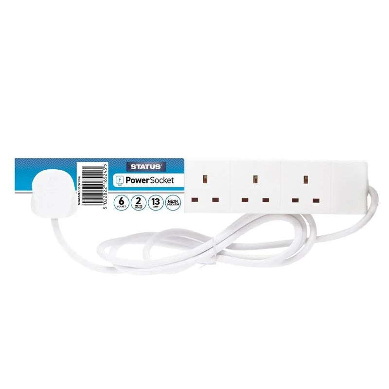 Status International® Extension Lead 240V 6-Gang 13A White 2m - S6W2MS12