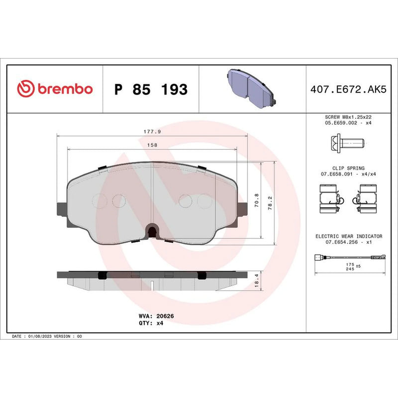Brembo 4 x Front Brake Pad Set P85193