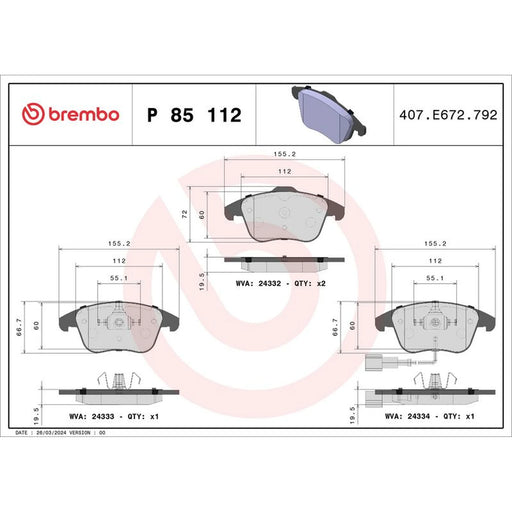 Brembo 4 x Front Brake Pad Set P85112