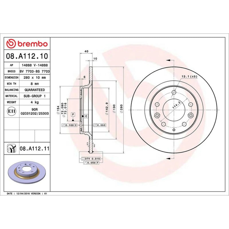 Brembo 2 x Solid Rear Brake Discs 08.A112.11