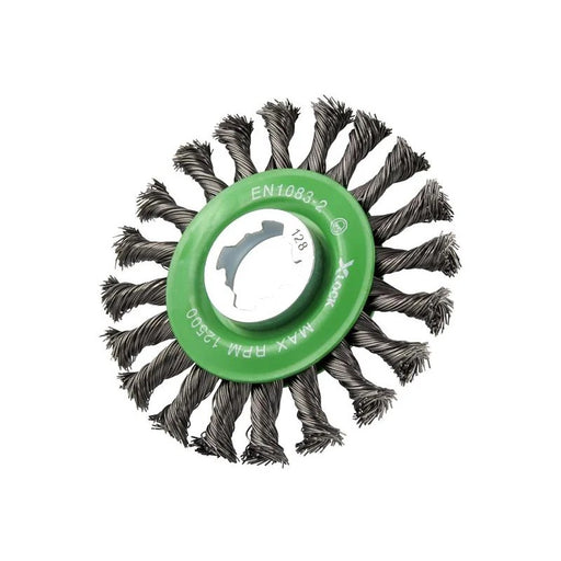 Faithfull X-LOCK Conical Wire Brush 115mm M14x2, 0.50mm Stainless Steel Wire