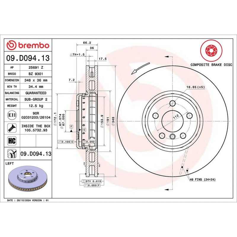 Brembo 2 x Aluminium Front Brake Disc Hub Brake Discs 09.D094.13