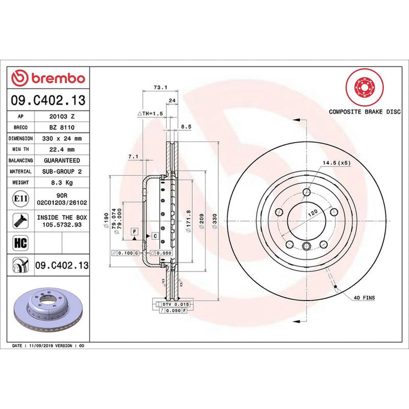 Brembo 2 x Aluminium Front Brake Disc Hub Brake Discs 09.C402.13