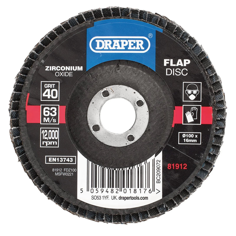 Draper Zirconium Oxide Flap Disc 100 x 16mm 40 Grit