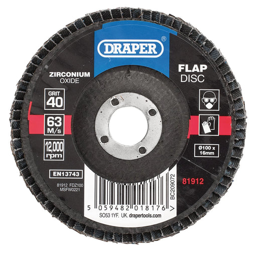Draper Zirconium Oxide Flap Disc 100 x 16mm 40 Grit