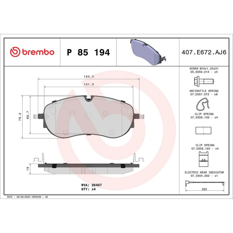 Brembo 4 x Front Brake Pad Set P85194