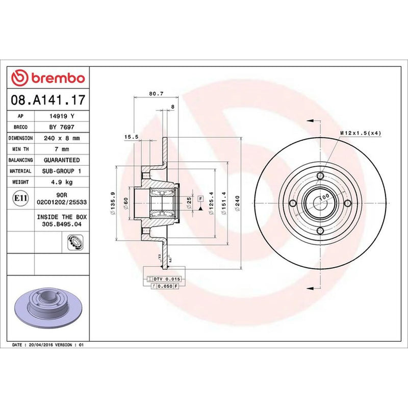 Brembo 2 x Solid Rear Brake Discs 08.A141.17