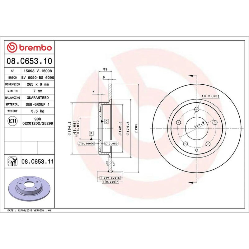 Brembo 2 x Solid Rear Brake Discs 08.C653.11
