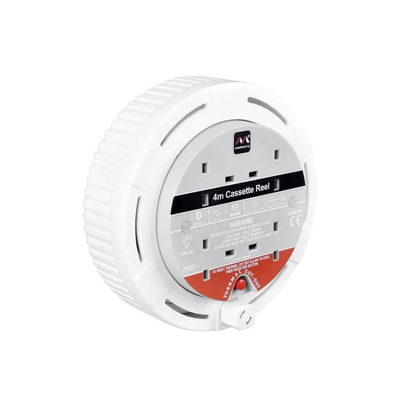 Masterplug Cassette Cable Reel 240V 13A 4-Socket Thermal Cut-Out White 4m