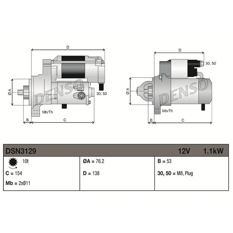 Denso Starter Motor 12V 1.1kW 10 Teeth DSN3129