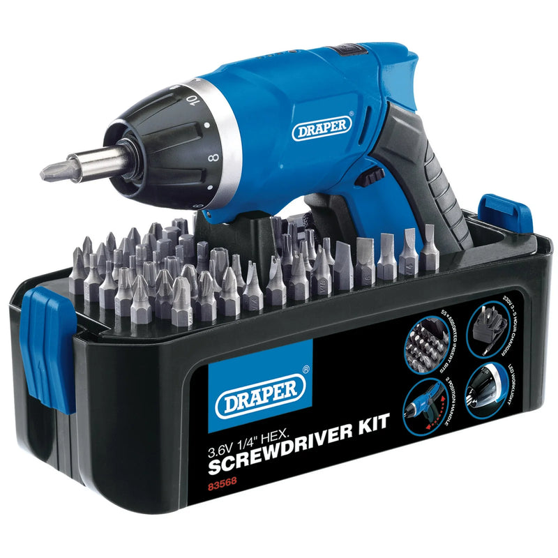 Draper 3.6V Cordless Screwdriver Kit with 54 Bits