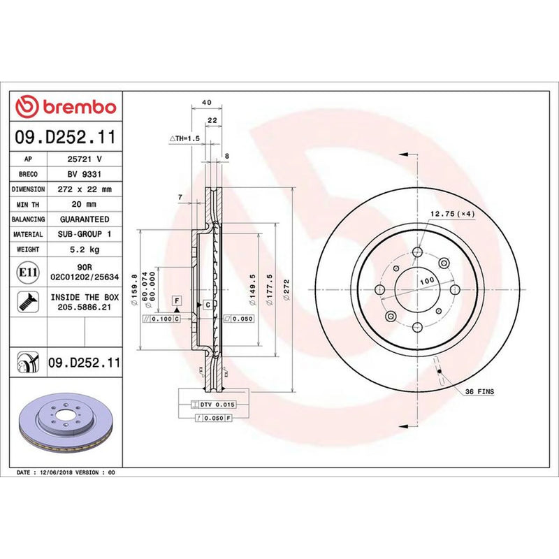 Brembo 2 x Internally Vented Front Brake Discs 09.D252.11