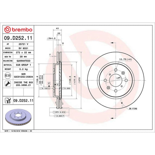 Brembo 2 x Internally Vented Front Brake Discs 09.D252.11