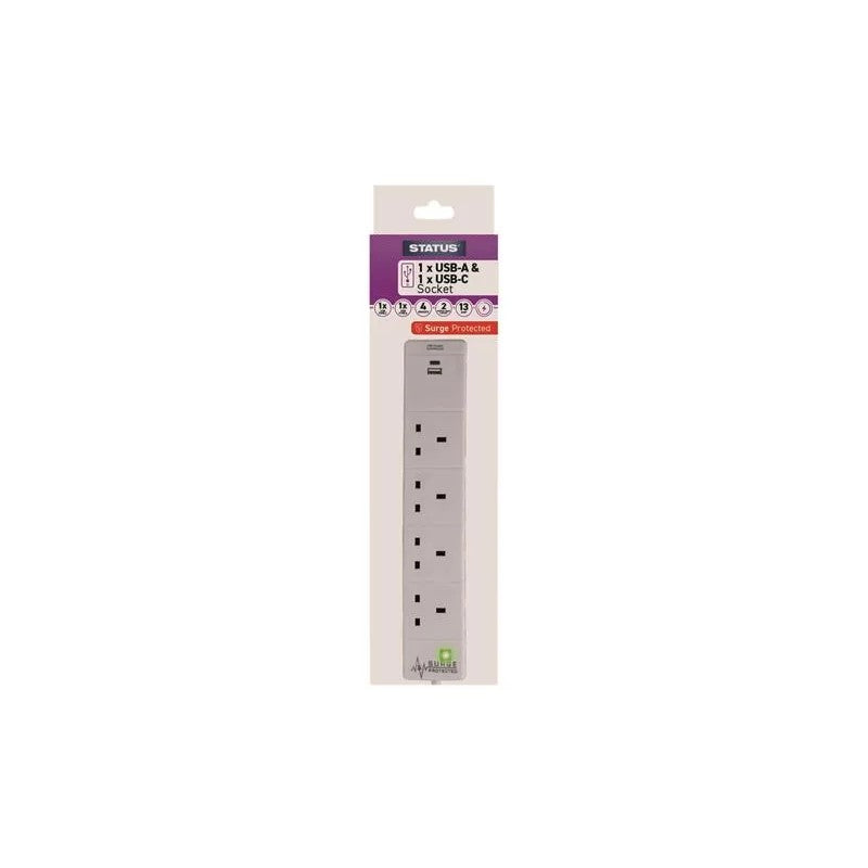 Status International® Extension Lead 4 Way + USB A and C + Surge Protection 2m