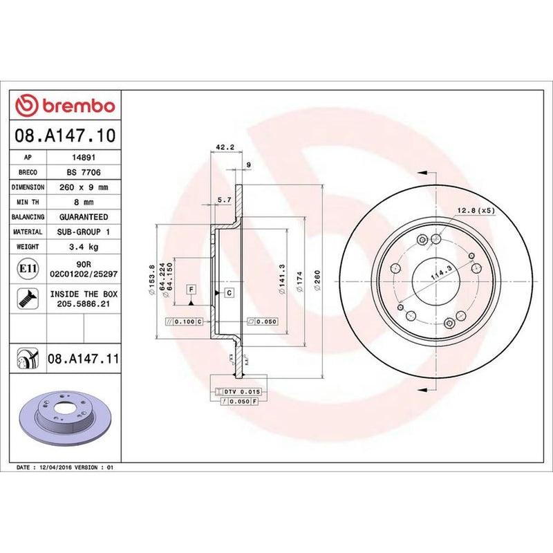 Brembo 2 x Solid Rear Brake Discs 08.A147.11