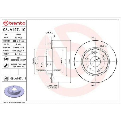 Brembo 2 x Solid Rear Brake Discs 08.A147.11