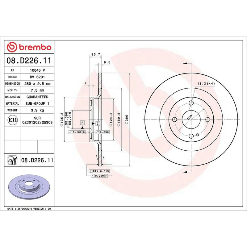Brembo 2 x Solid Rear Brake Discs 08.D226.11