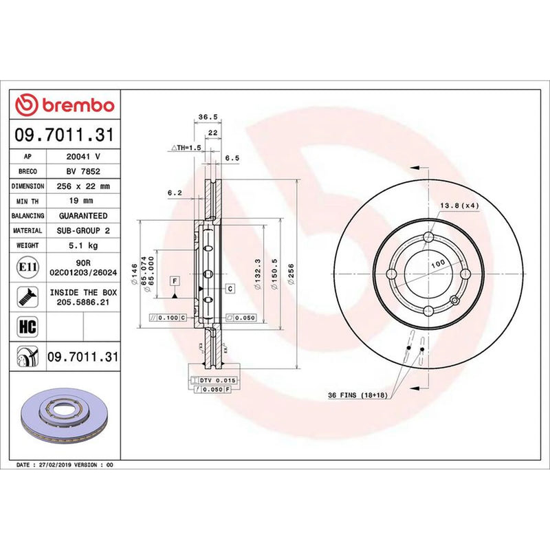 Brembo 2 x Internally Vented Front Brake Discs 09.7011.31