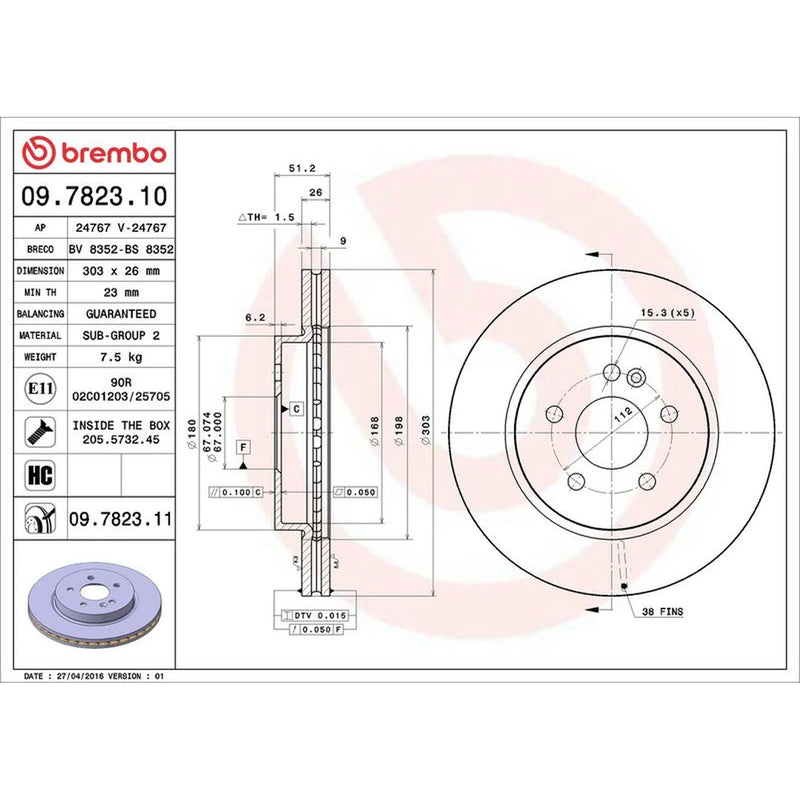 Brembo 2 x Internally Vented Front Brake Discs 09.7823.11