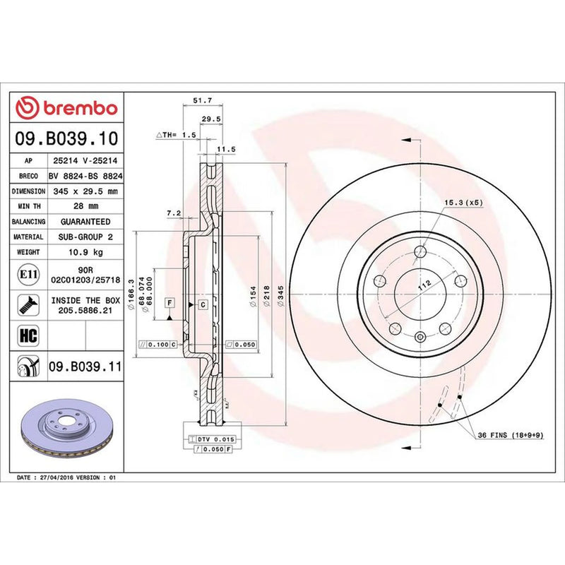 Brembo 2 x Internally Vented Front Brake Discs 09.B039.11