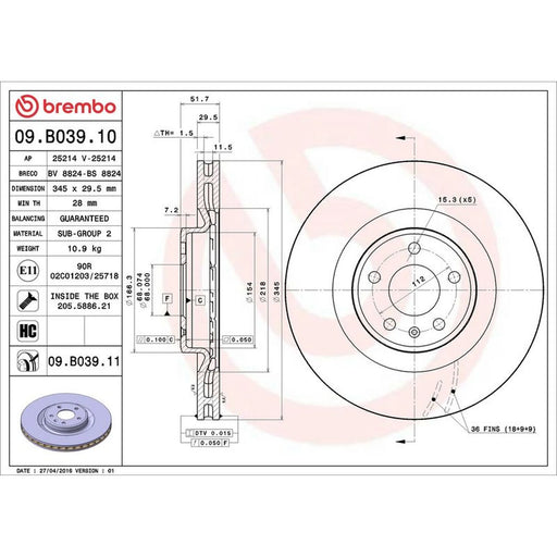 Brembo 2 x Internally Vented Front Brake Discs 09.B039.11
