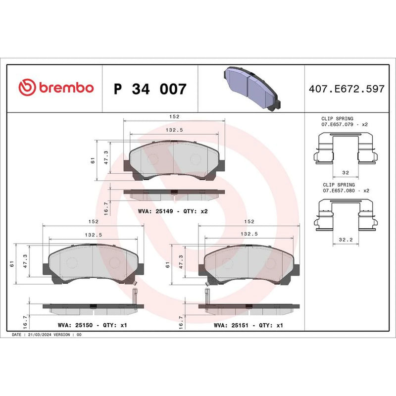 Brembo 4 x Front Brake Pad Set P34007