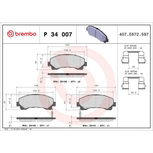 Brembo 4 x Front Brake Pad Set P34007