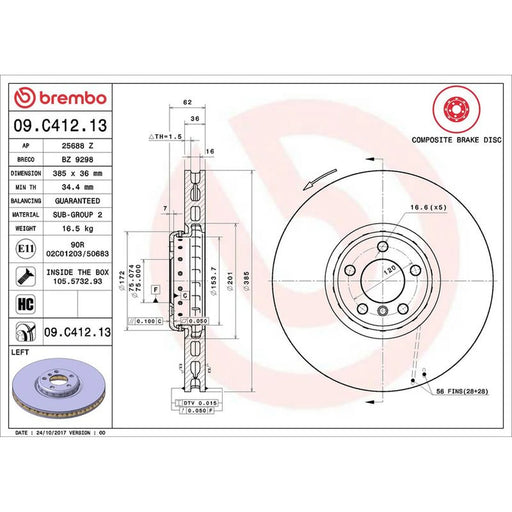 Brembo 2 x Aluminium Front Brake Disc Hub Brake Discs 09.C412.13