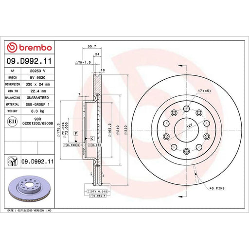 Brembo 2 x Internally Vented Front Brake Discs 09.D992.11