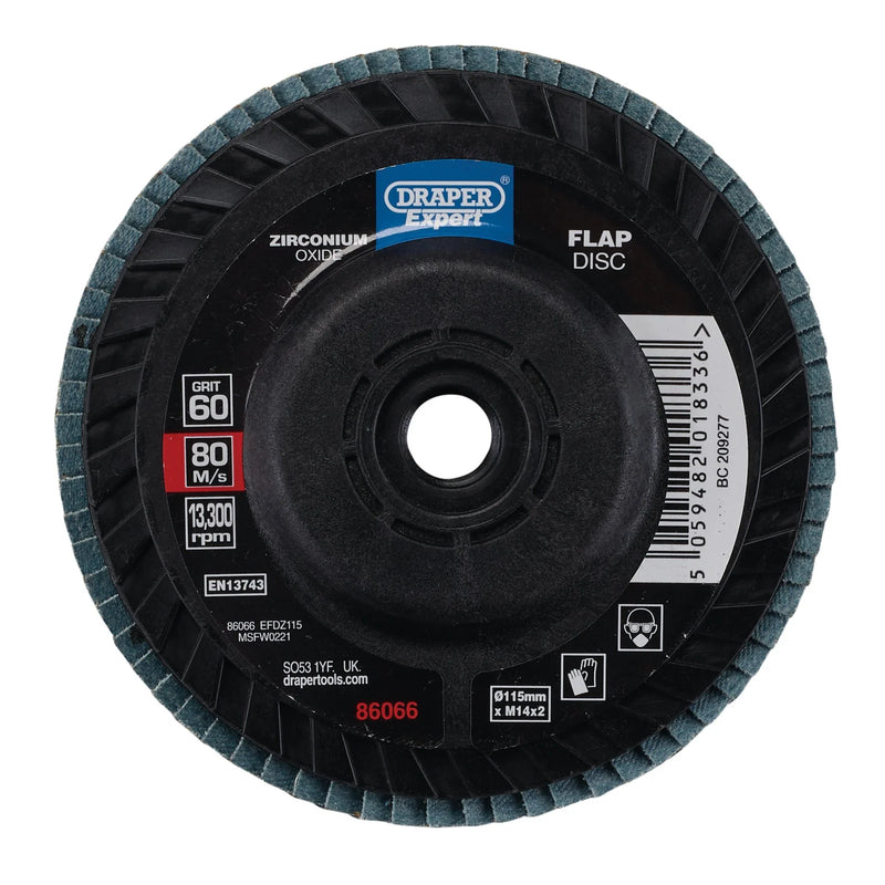 Draper Expert Flap Disc 115mm M14 60 Grit Zirconium Oxide