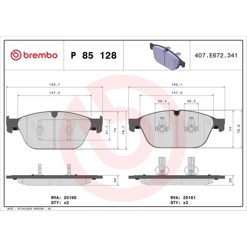 Brembo 4 x Front Brake Pad Set P85128
