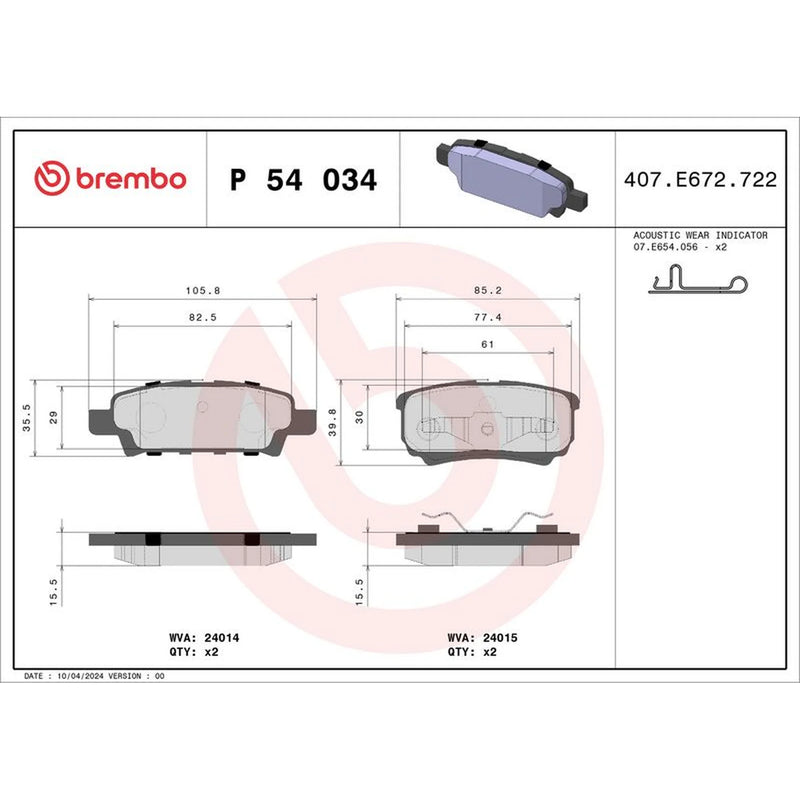 Brembo 4 x Rear Brake Pad Set P54034