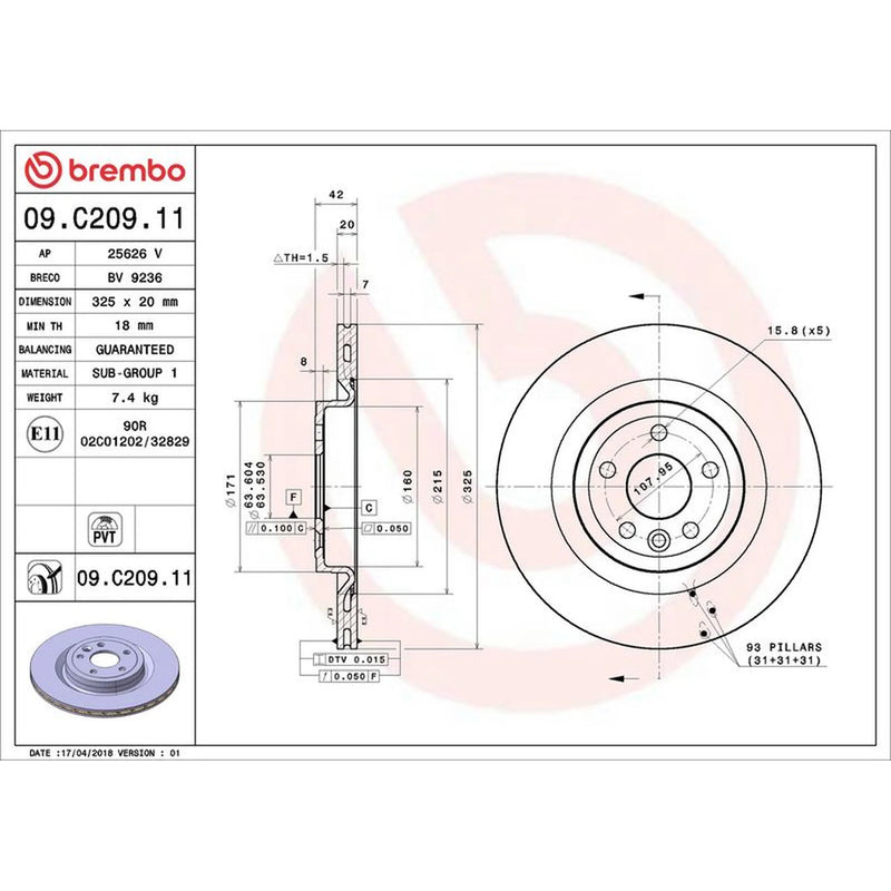 Brembo 2 x Internally Vented Rear Brake Discs 09.C209.11