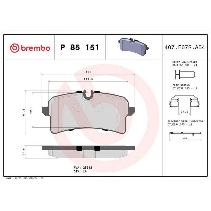 Brembo 4 x Rear Brake Pad Set P85151