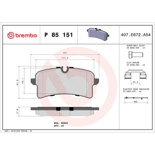 Brembo 4 x Rear Brake Pad Set P85151