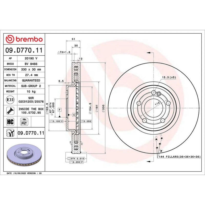 Brembo 2 x Internally Vented Front Brake Discs 09.D770.11