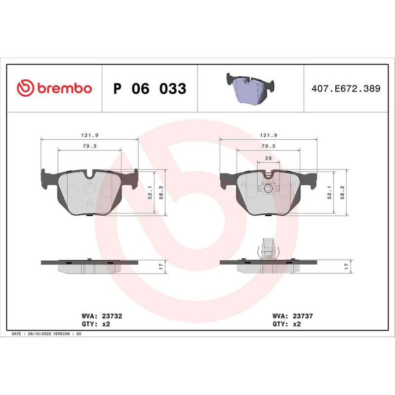 Brembo 4 x Rear Brake Pad Set P06033