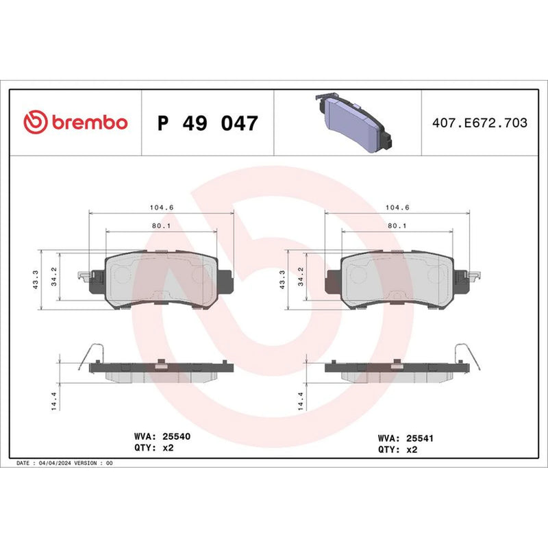 Brembo 4 x Rear Brake Pad Set P49047