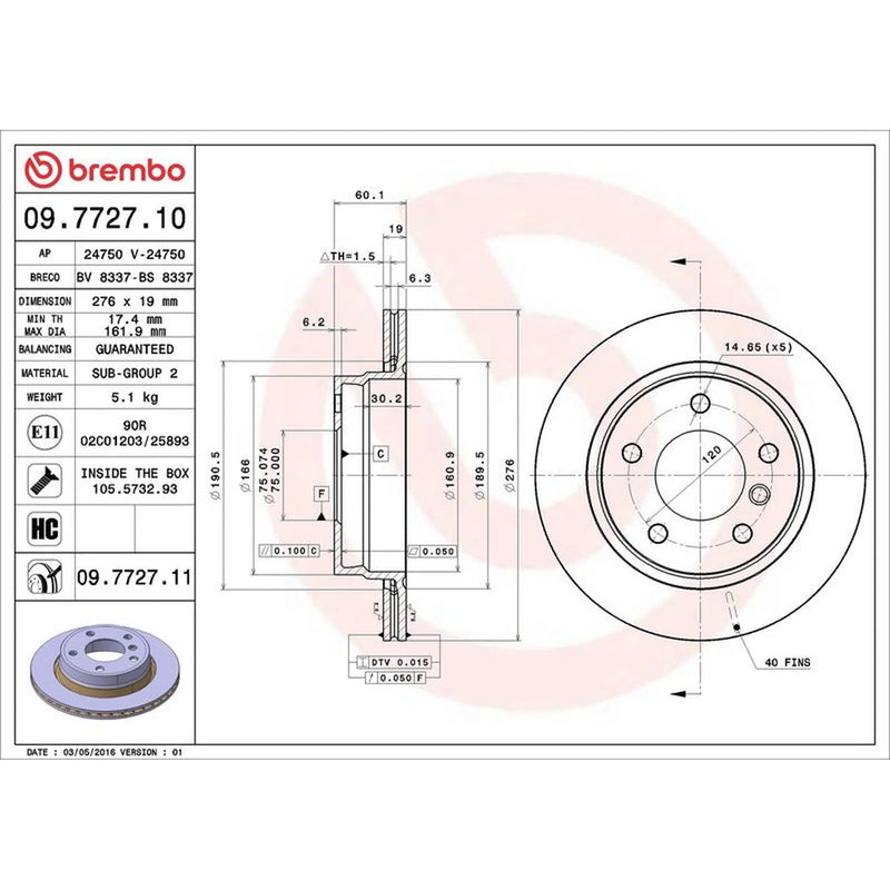 Brembo 2 x Internally Vented Rear Brake Discs 09.7727.11