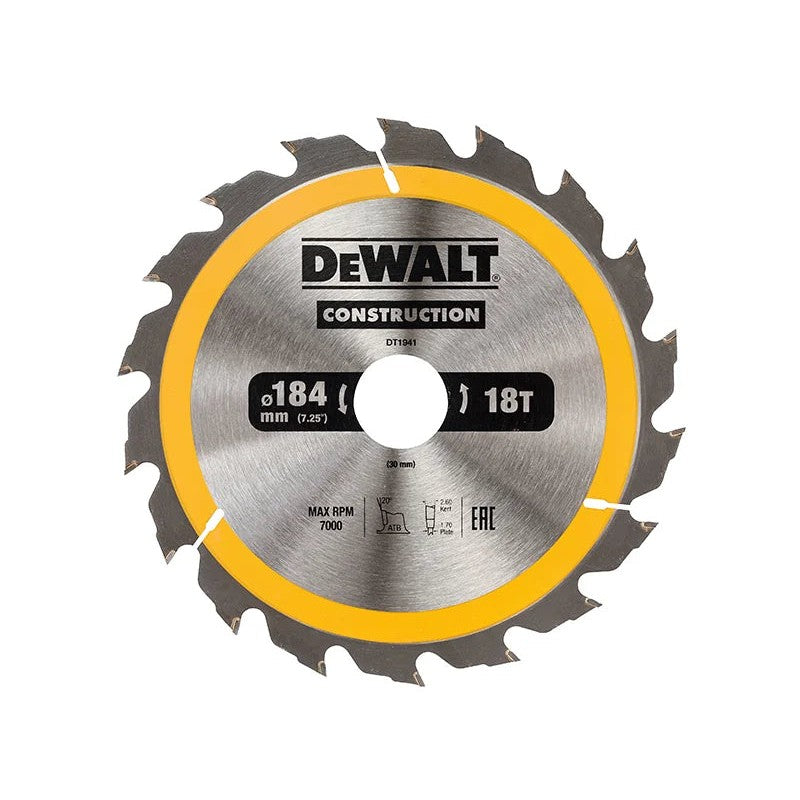 DEWALT Power Tools Portable Construction Circular Saw Blade 184 x 18T 16-30mm