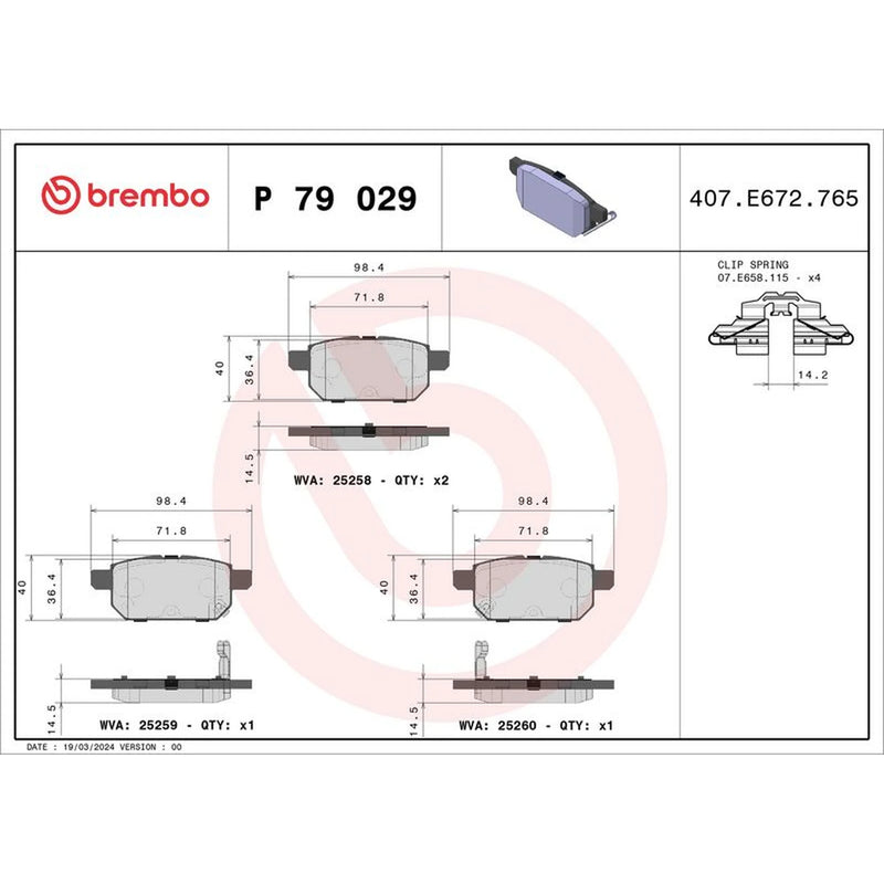 Brembo 4 x Rear Brake Pad Set P79029