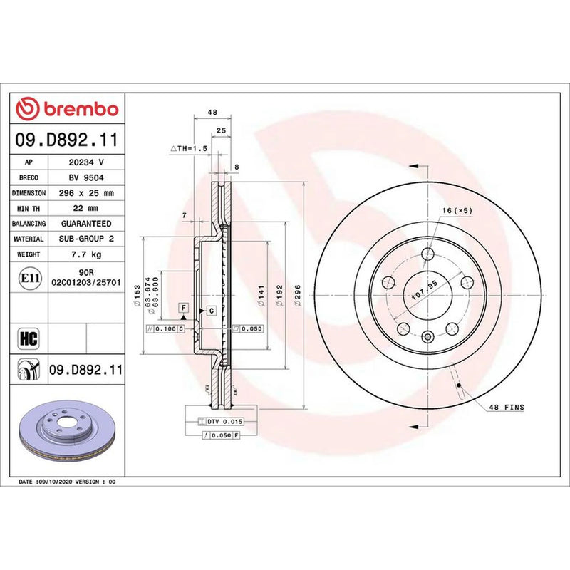 Brembo 2 x Internally Vented Front Brake Discs 09.D892.11