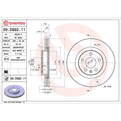 Brembo 2 x Internally Vented Front Brake Discs 09.D892.11